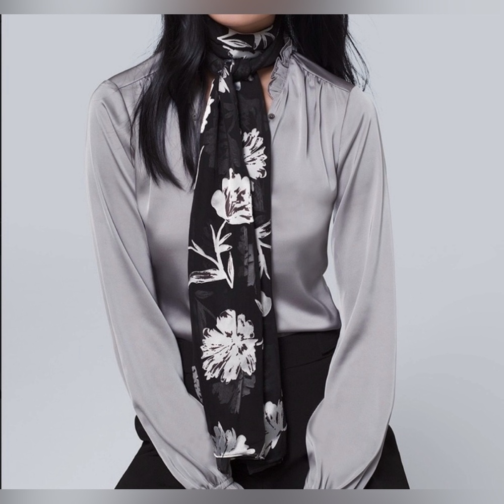 White House Black Market silk burnout scarf in black/silver metallic floral